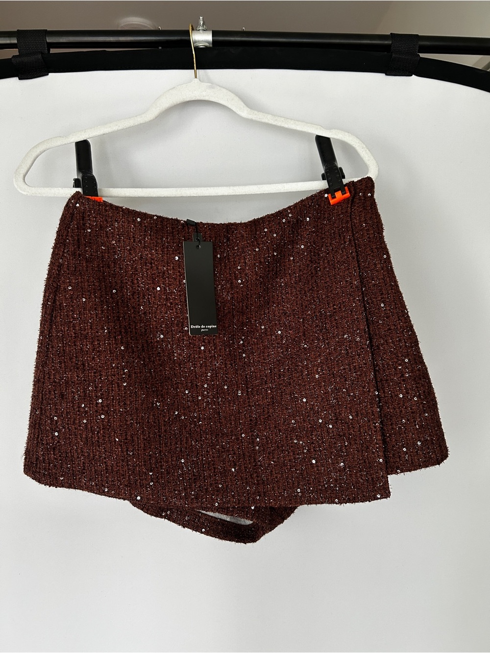 Bouclé Sequin Mini Skort in Deep Brown